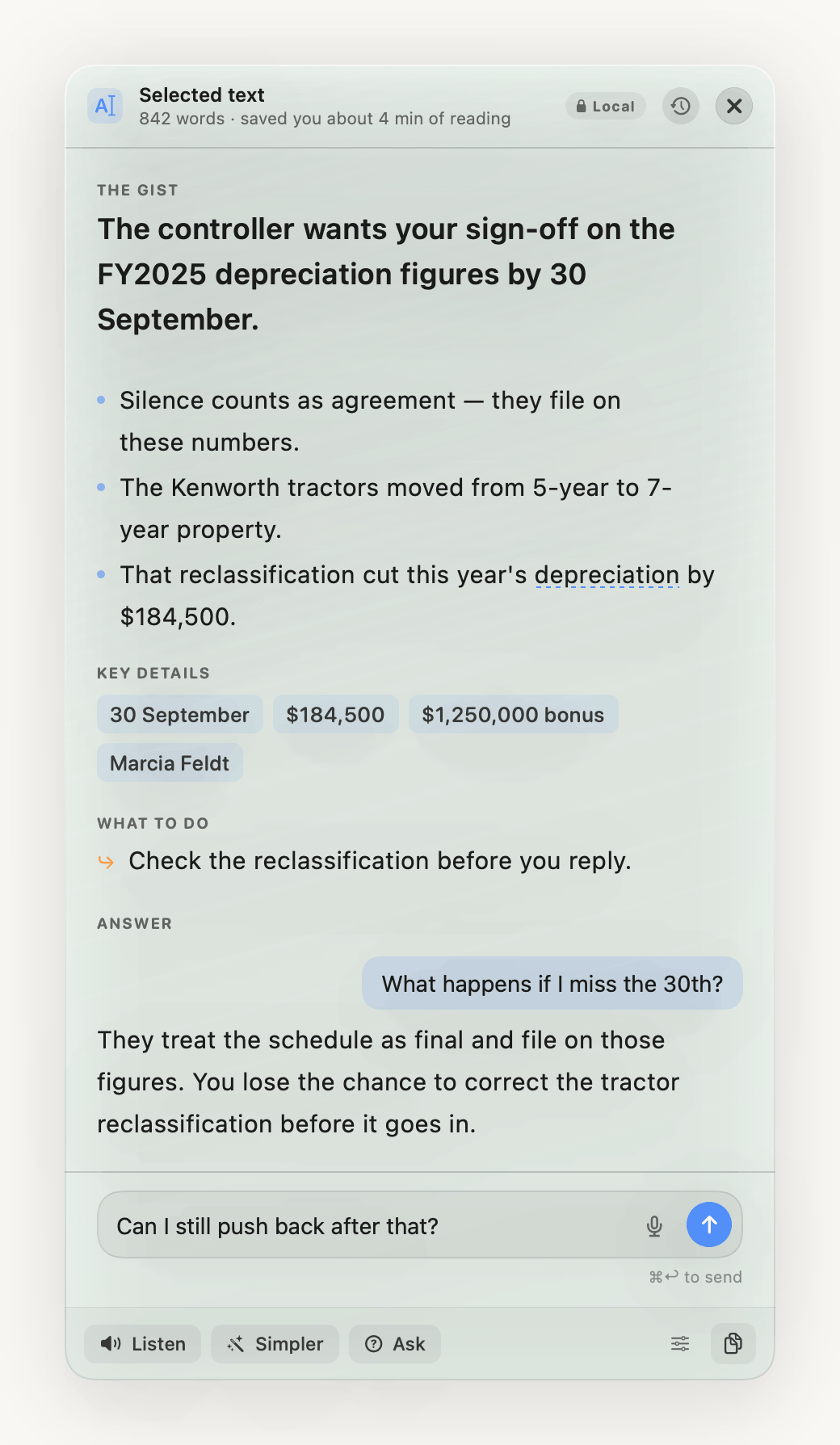 The panel with a summary at the top, a follow-up question in a bubble with its answer beneath, and the question box ready for the next one.