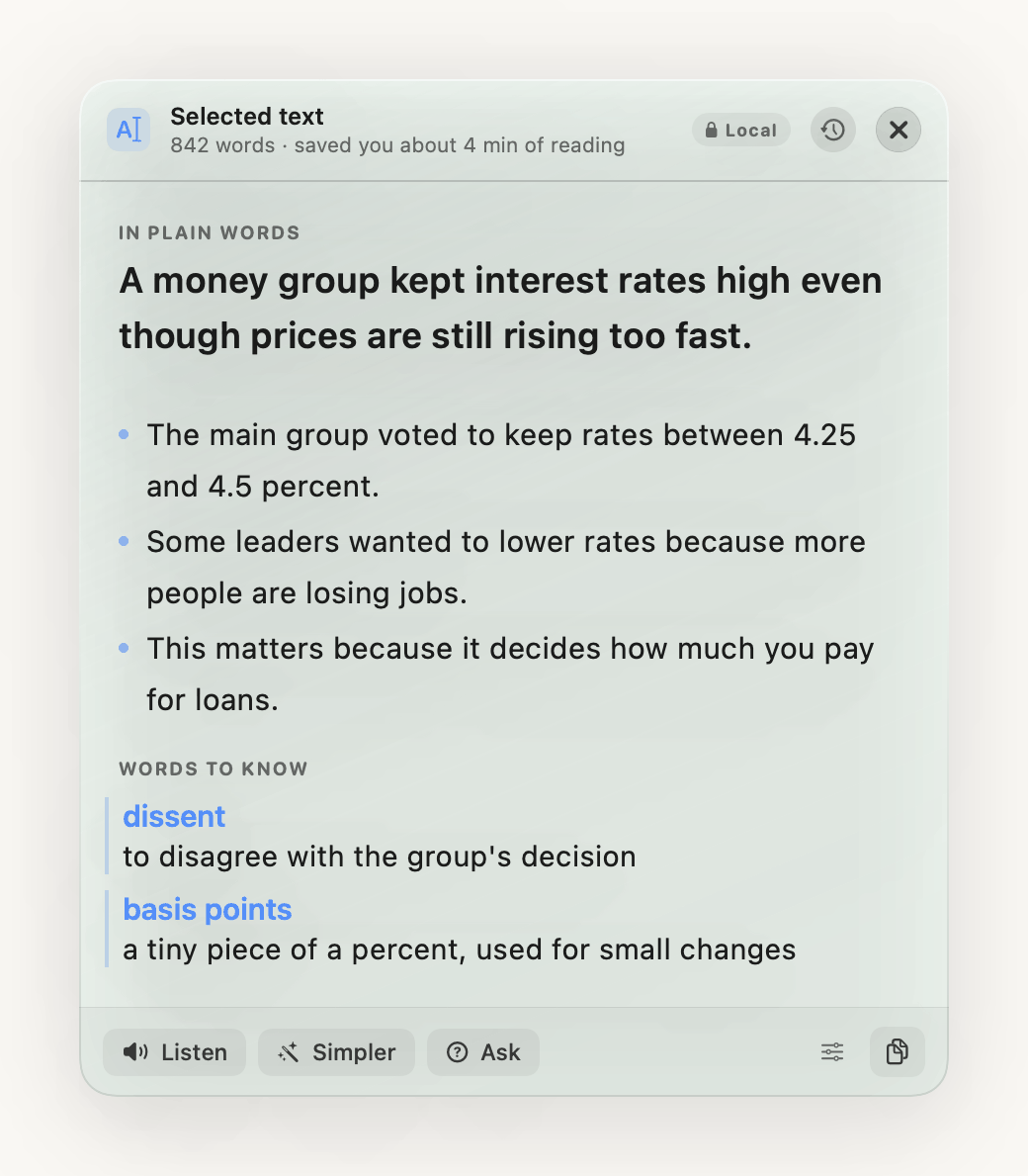 The panel in explain mode, with plain-language bullets and a Words to know list.