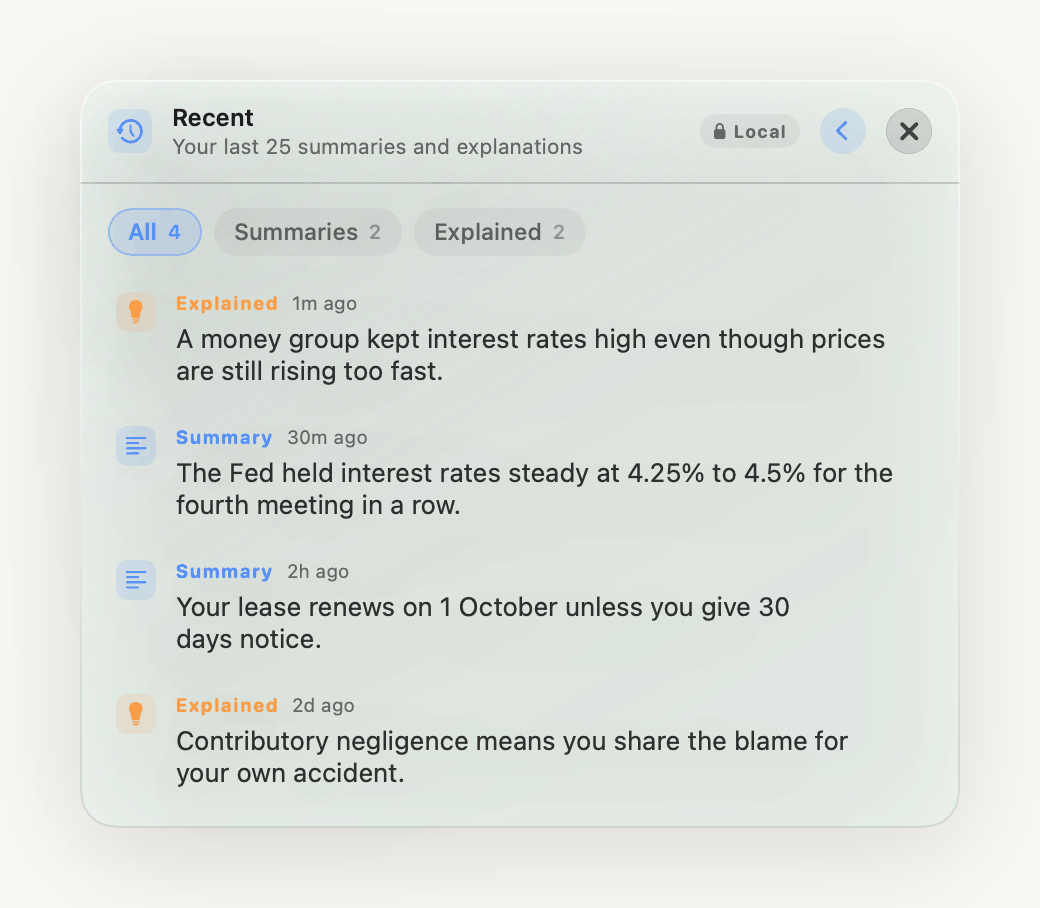 The Recent list showing past summaries and explanations with filter buttons.