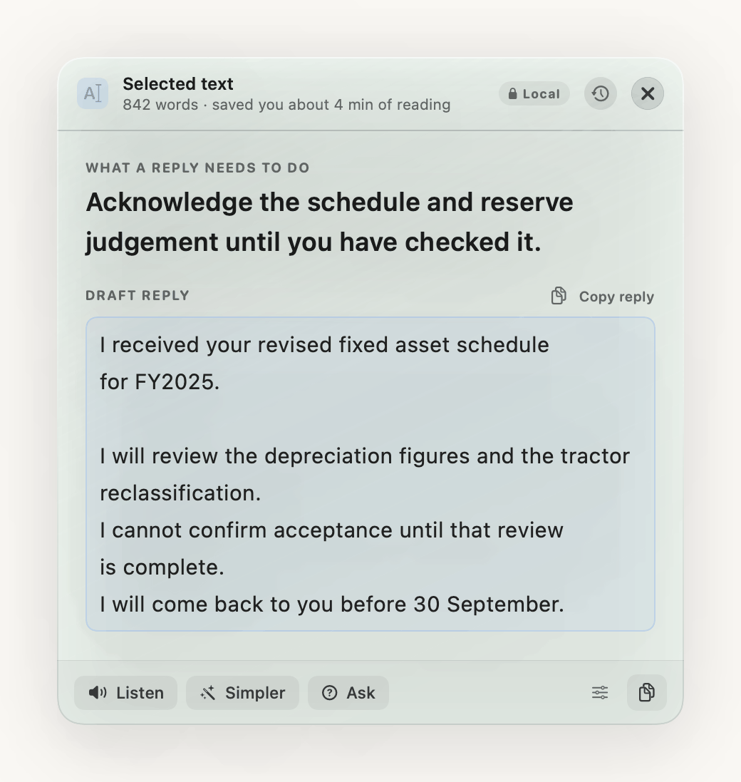 The panel showing a drafted reply in a bordered box with a Copy reply button.