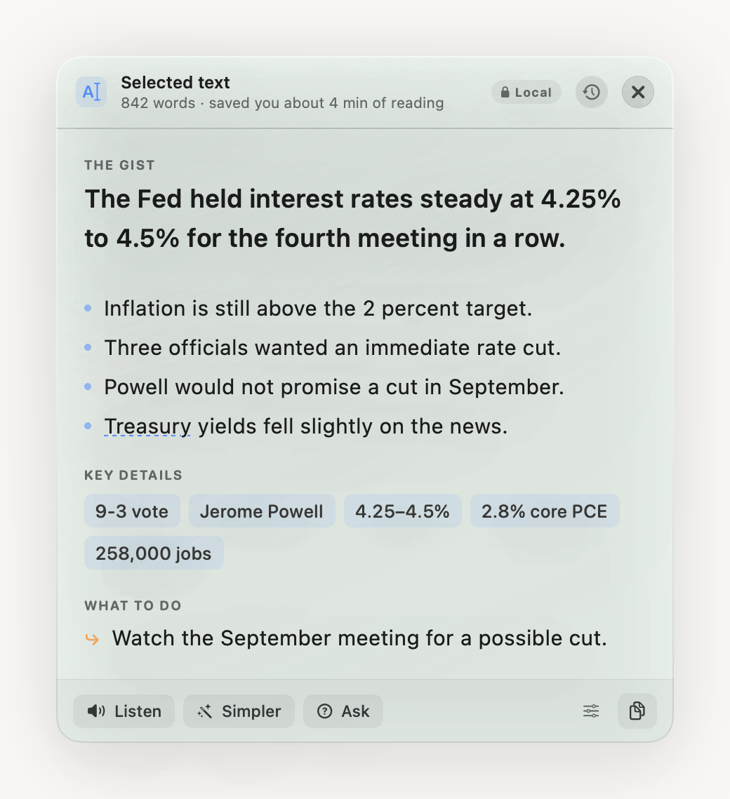 The panel showing a gist, four bullet points, a row of key details, and one action item.